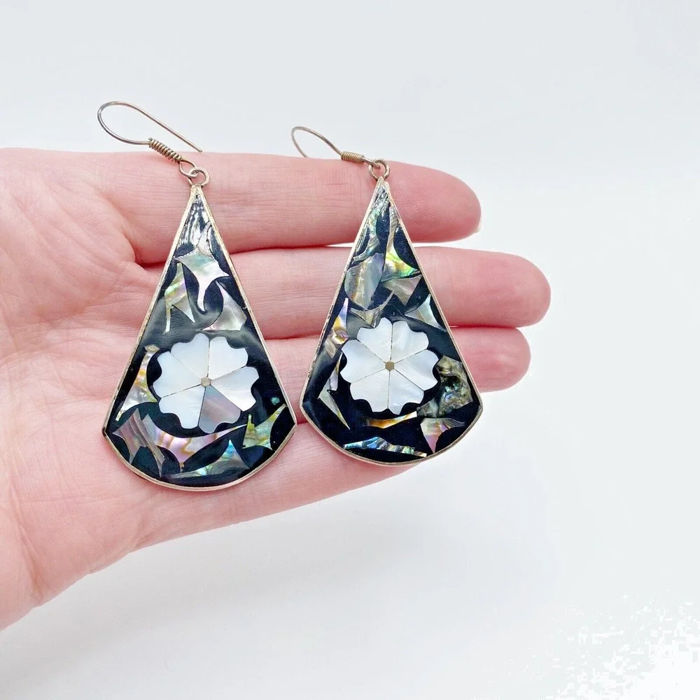 Vintage Alpaca Mexico Silver Abalone Mother of Pearl Large Dangle Earrings 3" - Picture 6 of 7